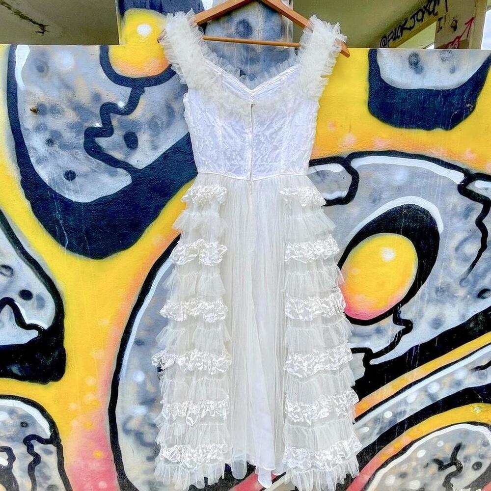 1950s white tulle & lace cupcake dress boned corset bodice multi layer peplum - Picture 2 of 6